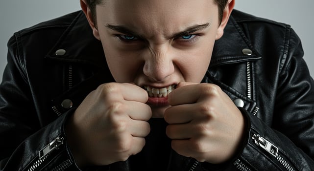 Furious teenager in a leather jacket clenches fists with an angry glare photo