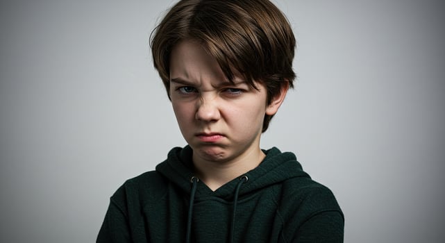 Grumpy young boy with a scowl wearing a hoodie against gray backdrop photo