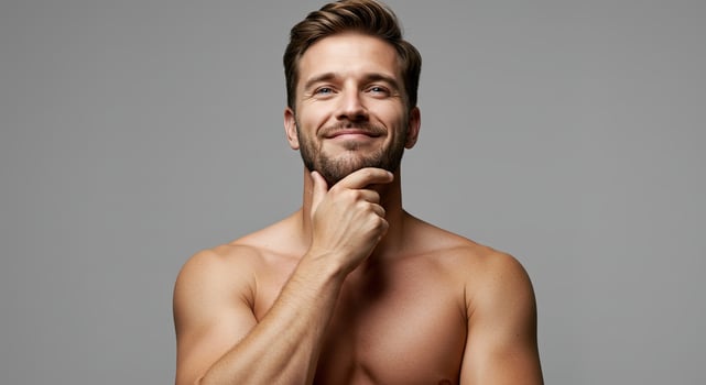 Handsome shirtless man with beard thoughtfully touching his chin smiling photo
