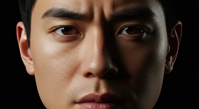 Intense Asian man's face close up with dramatic lighting and expression photo