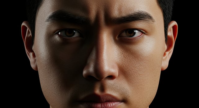 Intense Asian Man's Face Shows Determination and Focus in Dark Studio Shot photo