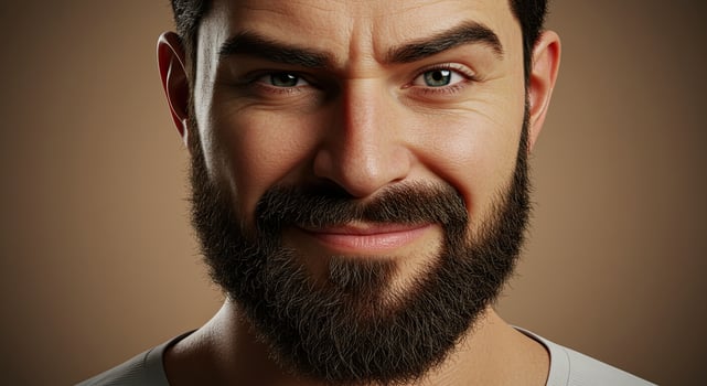 Portrait of handsome bearded man smiling confidently at camera view photo