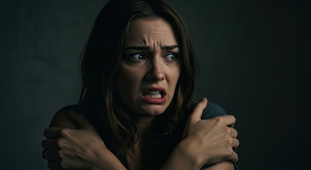 Scared young woman hugging herself tightly in fear looking away photo