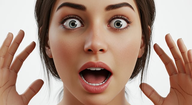 Shocked woman with hands up expressing surprise and wide open mouth photo