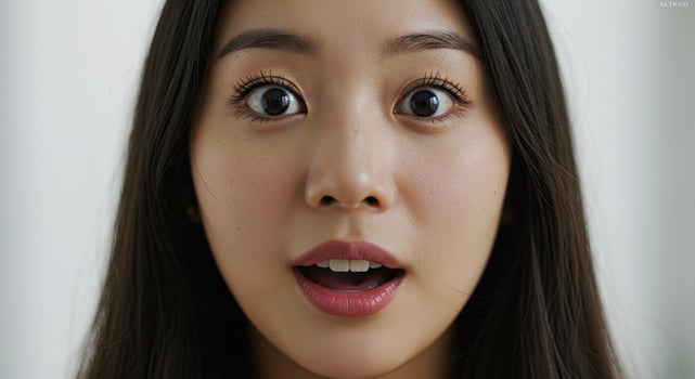 Surprised young Asian woman with wide eyes opern photo