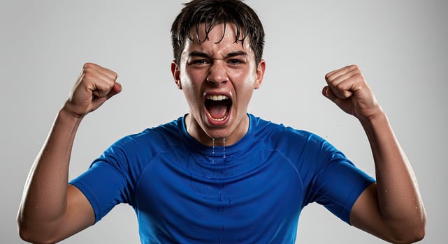 Sweaty young man celebrates success with fists raised and shouts loudly photo