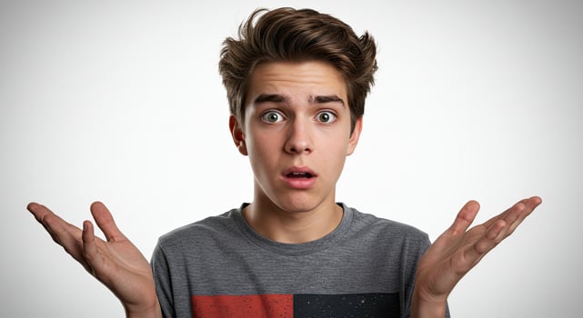 Teen boy expressing confusion with raised hands and surprised facial expression photo