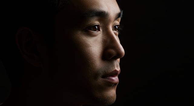 Thoughtful Asian man in profile with dramatic lighting and dark background photo