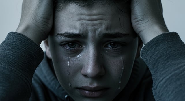 Upset young boy with tears streaming down his face grips his head tightly photo