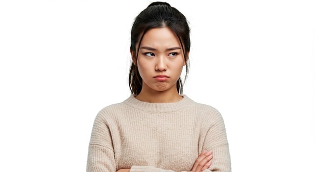 Young Asian woman in sweater with arms crossed looking displeased photo