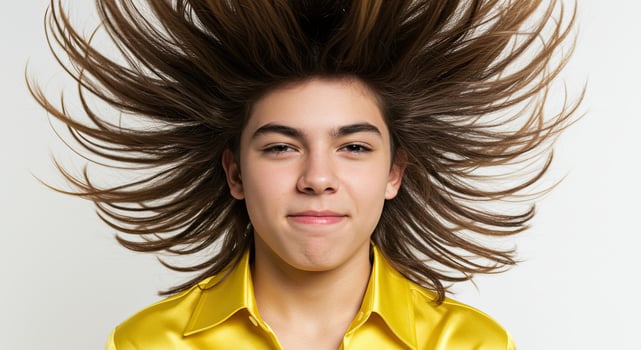 Young person with energetic hair wearing a yellow shirt smiles playfully photo