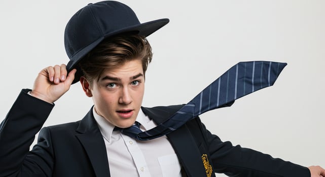 Young student in school uniform with unbuttoned shirt and baseball cap photo