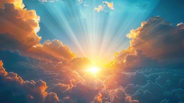 The sun bursts through the clouds, creating a breathtaking display of light and color in the sky. photo