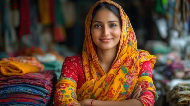 A smiling Indian woman wearing traditional attire stands with her arms crossed in a market. photo