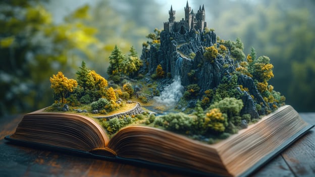 A magical castle landscape emerges from an open book, blending fantasy with reality. photo