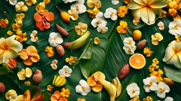 Vibrant Tropical Flowers and Fruits Flatlay photo