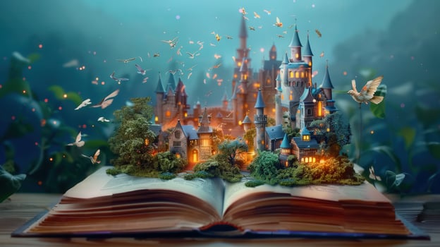A captivating scene of a fairytale castle emerging from an open storybook with birds in flight. photo