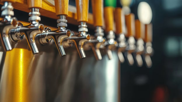 Beverage taps lined up at a bar counter, featuring metallic and wooden handles. Craft beer brewery concept. photo