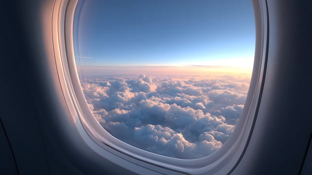 Super fine Detail of Plane Window Border Against Peaceful Sky Gradient photo