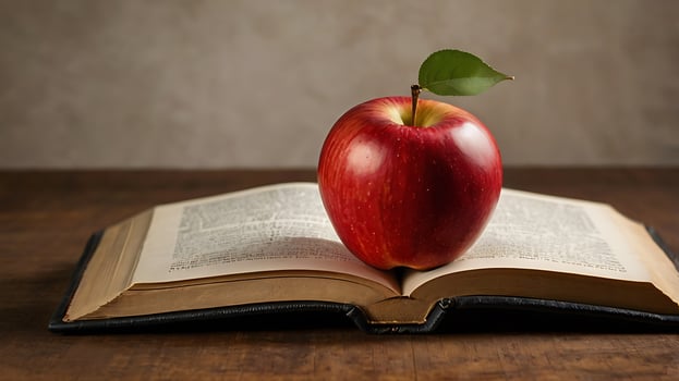 Stock Photo Featuring Red Apple on Antique Book for Business Use