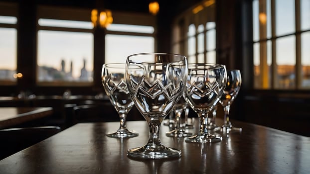 Elegant wine glasses on a wooden table for business promotion image photo