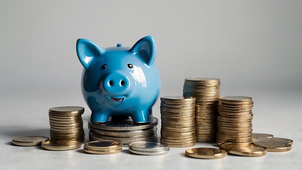 Blue Piggy Bank Smiling Amongst Stacked Coins Symbolizing Financial Growth for Business photo