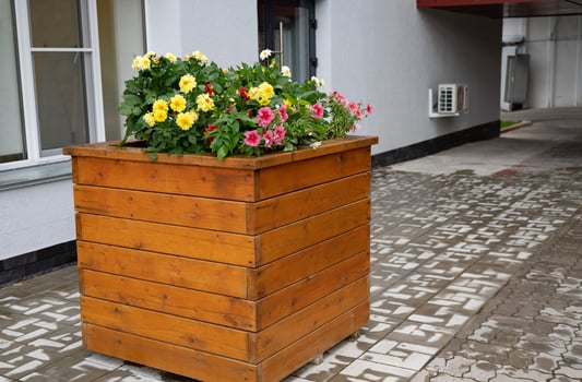 Wooden planter with blooming flowers outside a building. photo