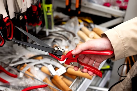 a customer chooses a garden shears for himself in a garden supply store. photo