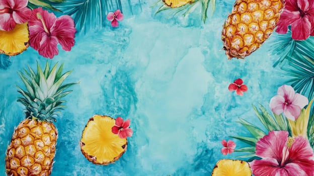 Watercolor Tropical Pineapple and Hibiscus Design photo