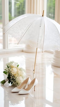 Elegant white wedding shoes, bouquet and umbrella standing on a shiny floor photo
