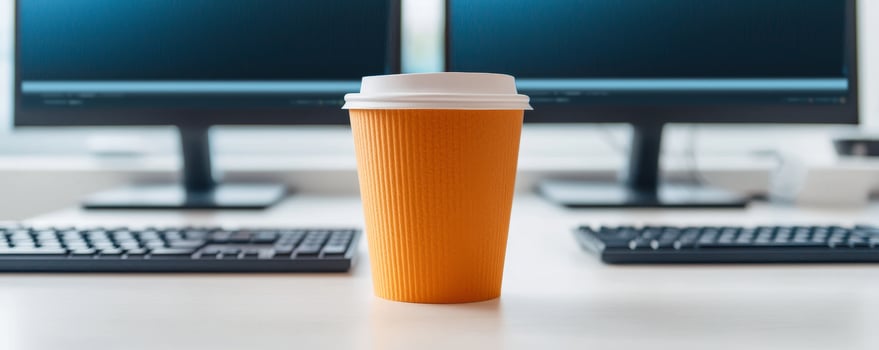 Coffee cup on desk between two computers in an office setting. photo