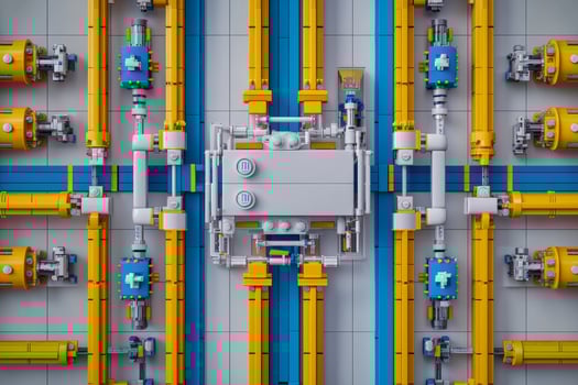 Industrial pipe system with colorful valves and connectors. photo