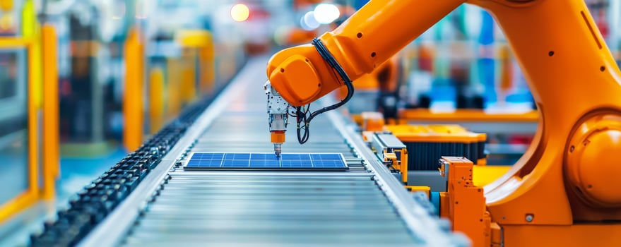 Automated robotic arm working on a production line in a factory setting. photo