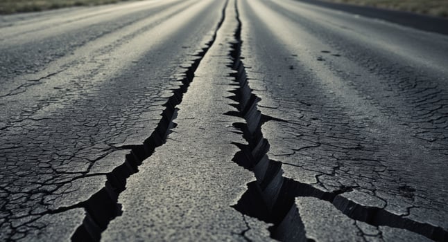 Cracked Asphalt Road Leading to the Horizon, Indicating Disrepair and Neglect. photo