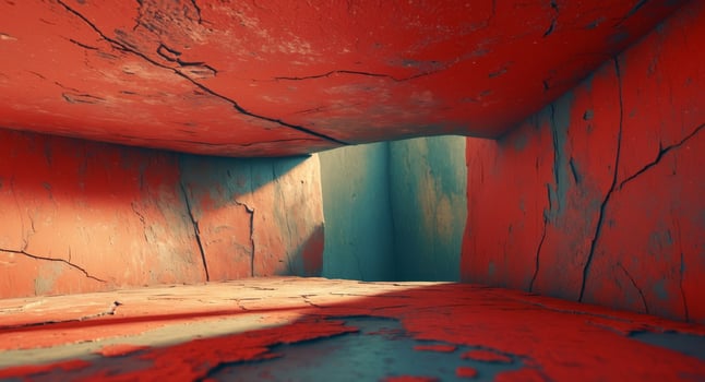 Abstract Red Tunnel with Cracks and Light at the End, an Impressive Visual Experience. photo