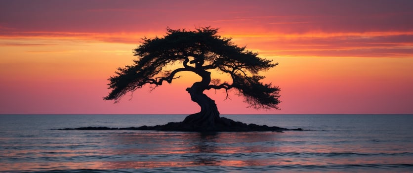 Solitary Tree Silhouette at Sunset Over Calm Waters, Breathtaking Coastal Scenery photo