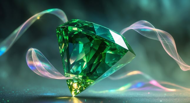 Luminous Emerald Jewel with Flowing Ribbons, a Stunning Display of Gemstone Elegance. photo