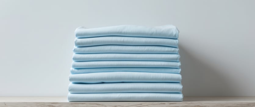 Stack of blue sheets on a wooden table photo