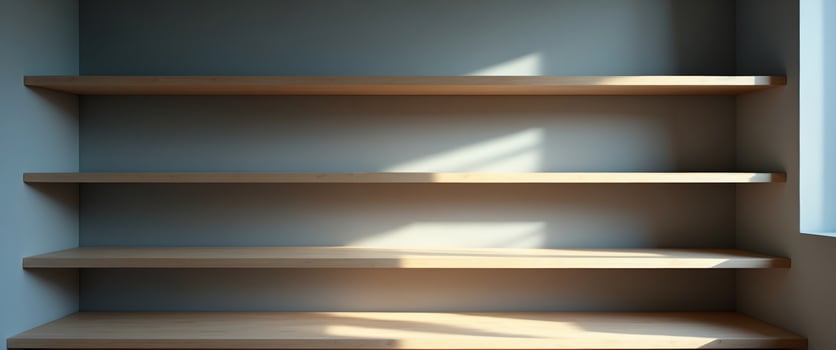Empty shelves made of wood, bathed in sunlight from the window, for storage and display. photo