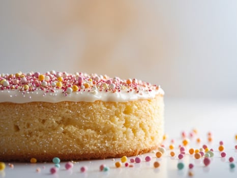 Delicious Sprinkled Cake with White Icing and Colorful Sprinkles Festive Treat photo