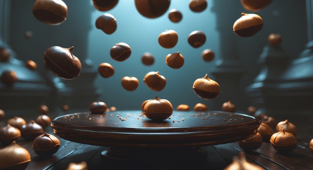 A bunch of nuts are falling from the top of a table photo