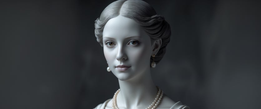 A close up of a woman wearing pearls photo
