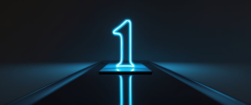 Number One Glowing Neon Sign on a Dark Stage, Victory and Achievement Concept. photo