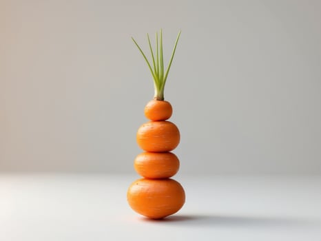 Stacked spherical carrots with green shoots in a minimalist composition, isolated. photo
