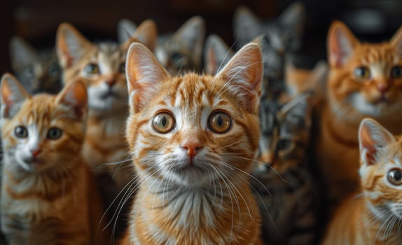 Curious orange cats gather for attention. A group of curious orange cats looks directly at the viewer with wide eyes. photo
