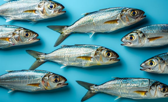 Fresh fish arranged on a blue surface. Eight freshly caught fish are neatly placed on a vibrant blue background, showcasing their metallic sheen. photo