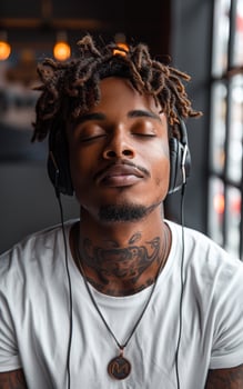 Relaxing moment with music in a cafe. A young man enjoys a peaceful moment listening to music in a cozy cafe while wearing headphones and relaxing. photo