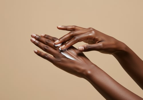 Close up of hands applying lotion on skin in a moisturizing routine photo