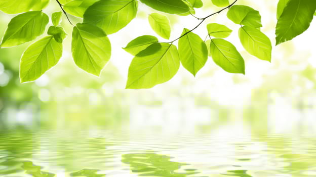Vibrant Green Leaves Reflecting in Calm Water photo