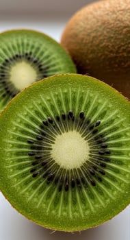 A detailed view reveals the vibrant green flesh and black seeds inside a sliced kiwi. photo